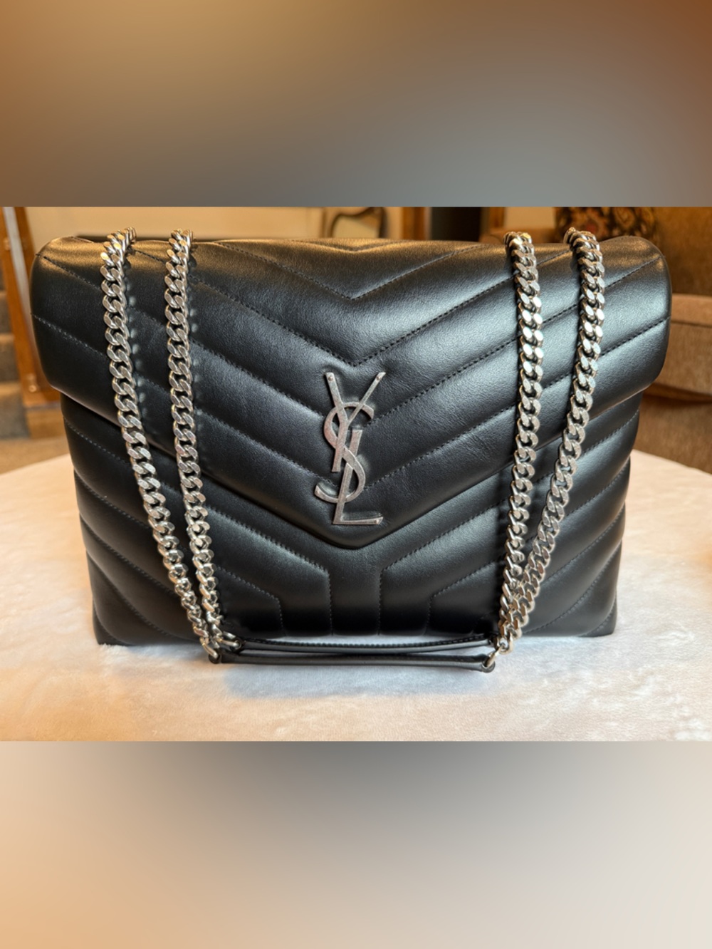 Saint Laurent Black Chevron Quilted Leather Envelope Crossbody with Silver YSL - Picture 4 of 14